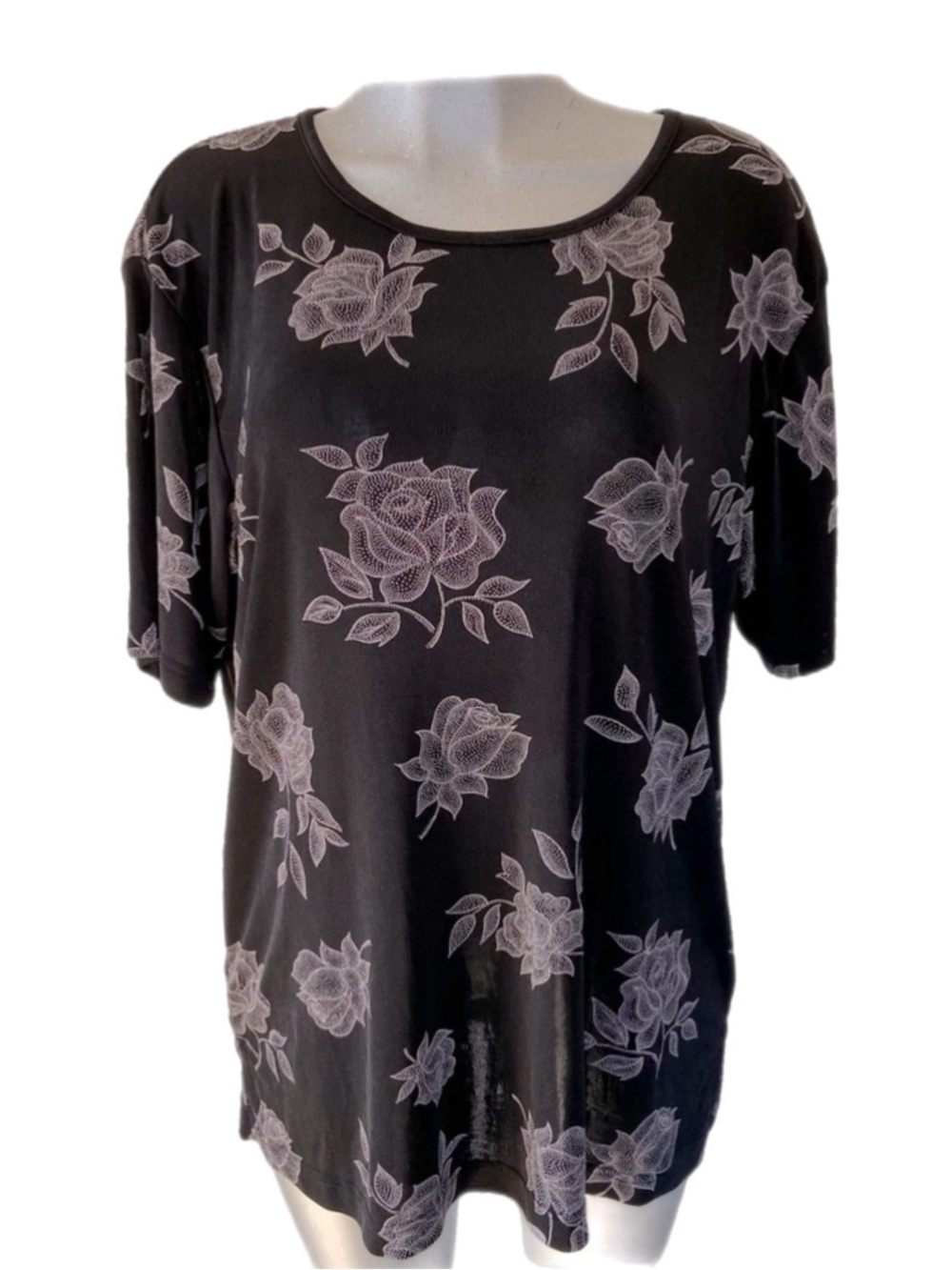 90s Essence Textured Rose Print Blouse Jersey Knit Stretch Rosette Plus Size 2XL